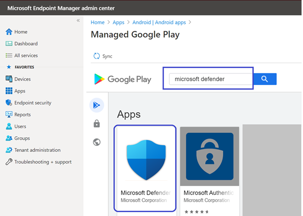 Image of Microsoft Endpoint Manager admin center Apps search.