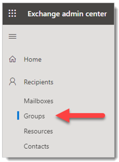 Exchange admin center on the navigation menu (the quick launch) with an arrow pointing at Groups. Click Groups.