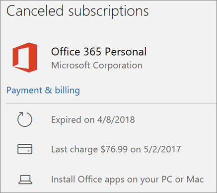 Shows an Office 365 subscription that has expired