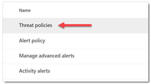 Picture of the Policy & Rules dashboard and an arrow pointing at Threat policies. Click that next!