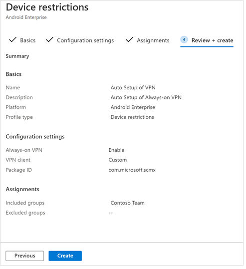 Image of devices configuration profile Review and Create.
