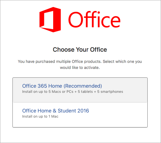 Choose Office 2016 for Mac license type