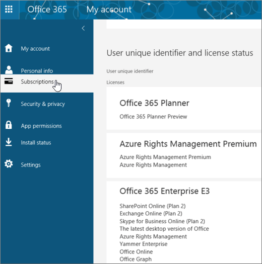Office 365 Subscriptions page