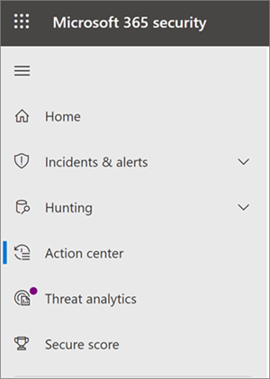 Navigating to the Action Center in the Microsoft 365 Defender portal.