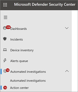Navigating to the Action center from the Microsoft 365 Defender portal.