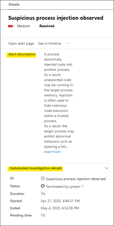 A snippet of the details pane with the alert description and automatic investigation sections highlighted.