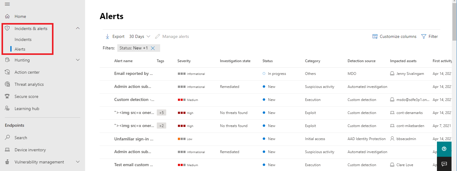 Example of the alerts queue in the Microsoft 365 Defender portal.