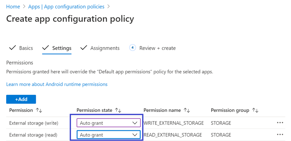 Image of android auto grant create app configuration policy.