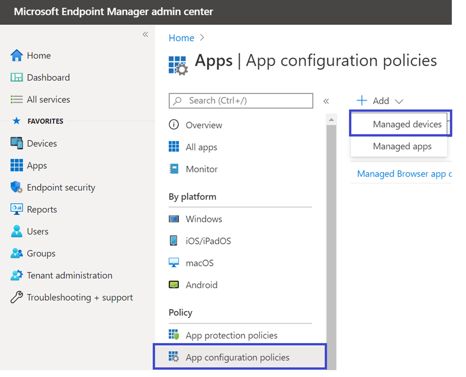 Image of Microsoft Endpoint Manager admin center android managed devices.