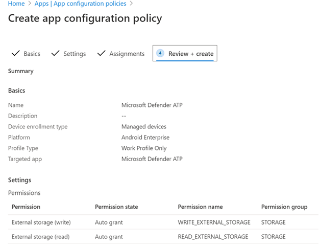Image of android review create app config policy.