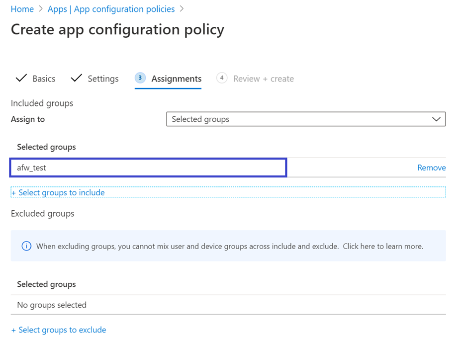 Image of the create app configuration policy.