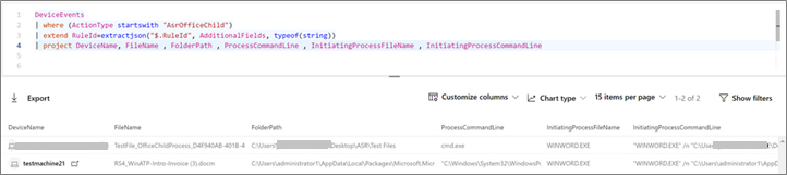 Microsoft 365 Defender Advanced hunting query focused results