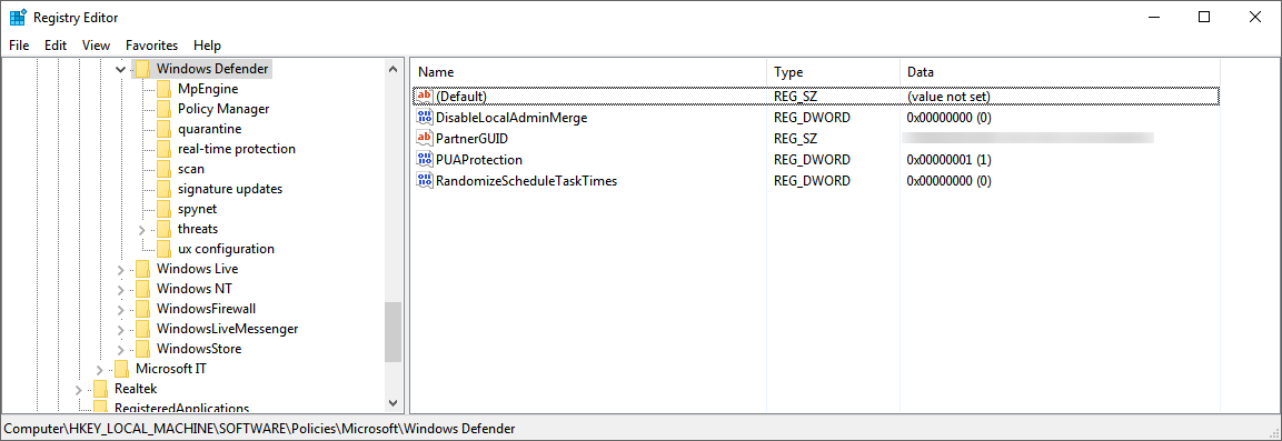 Image of registry key for Microsoft Defender Antivirus.