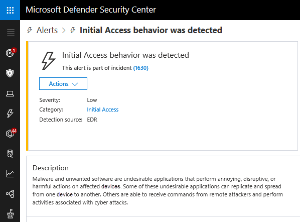 Initial access alert in the Microsoft 365 Defender portal.