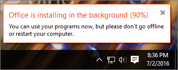 Dialog showing installation of Office stuck at 90%