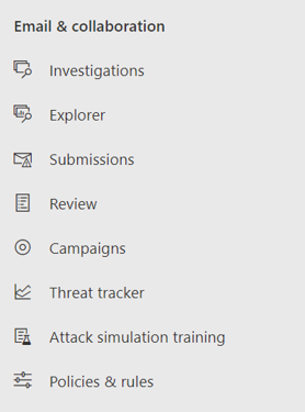 The quick launch menu for Email & Collab (or MSDO), on the left side of Microsoft 365 Defender.