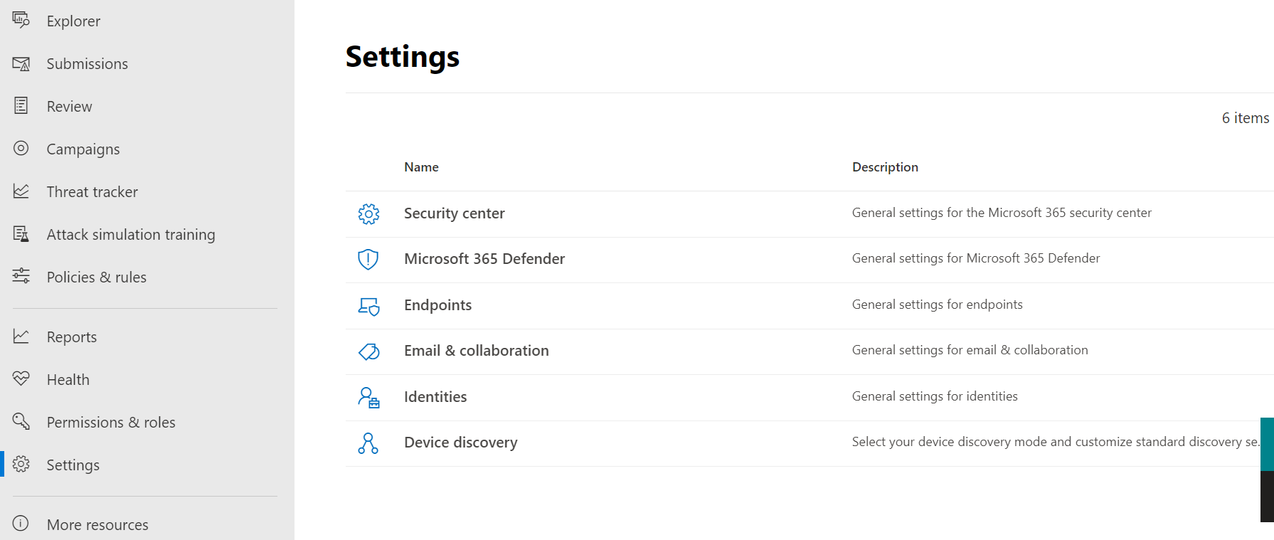 The Setting page of the Microsoft 365 Defender portal
