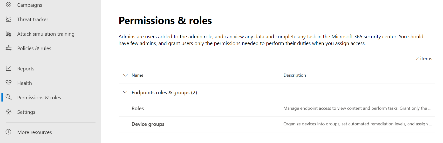 Permissions & Roles page showing Endpoints roles & groups, Roles, and Device groups