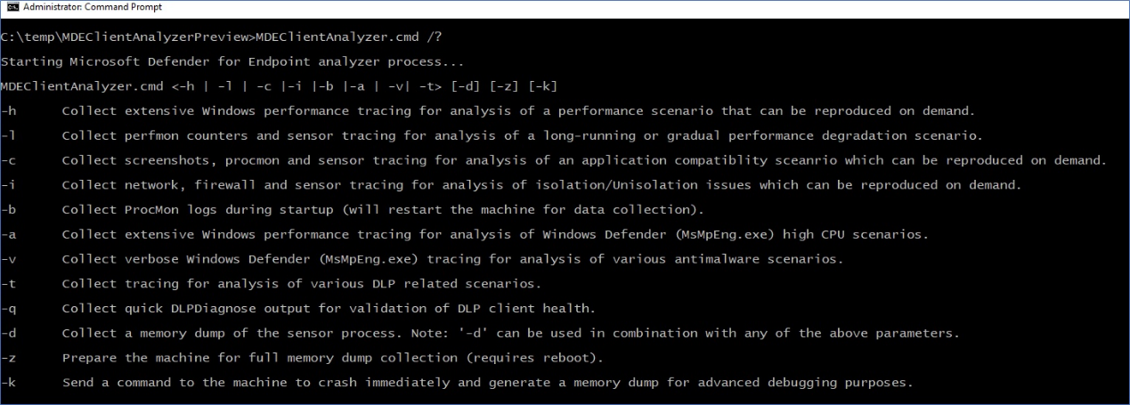Image of client analyzer parameters in command line.