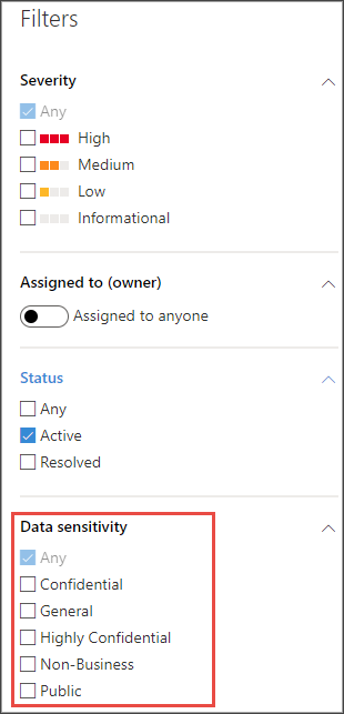 Image of data sensitivity filter.