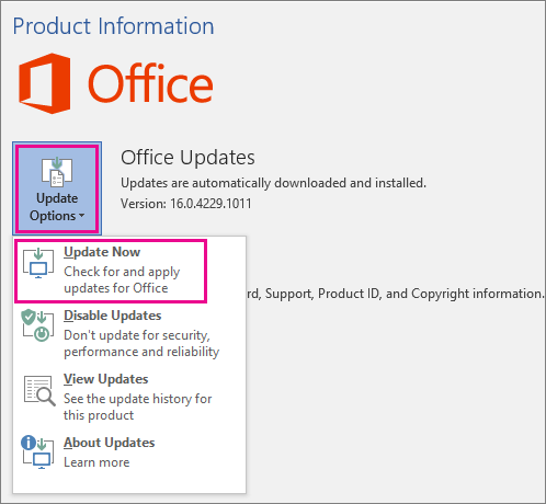Manually checking for Office updates in Word 2016