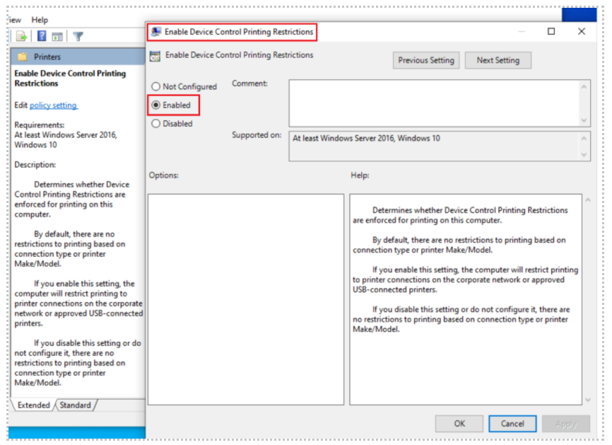 enable device printing restrictions.