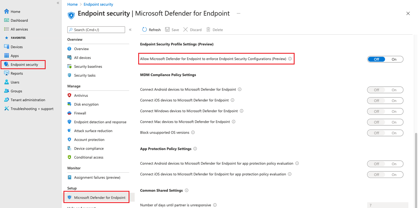 Enable Microsoft Defender for Endpoint settings management in the Microsoft Endpoint Manager admin center.