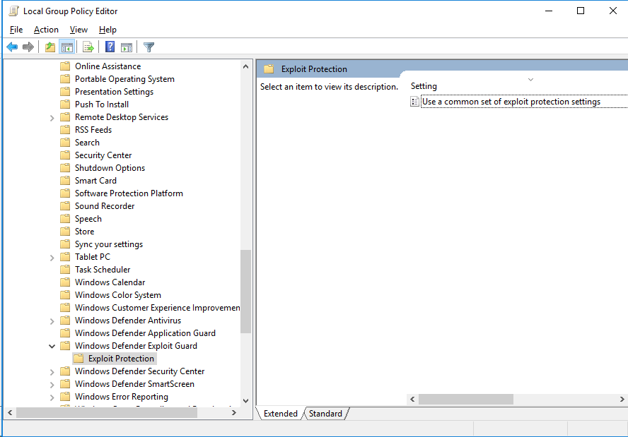 Screenshot of the group policy setting for exploit protection.
