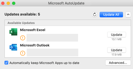 Image of Microsoft AutoUpdate dashboard with information about the updates.