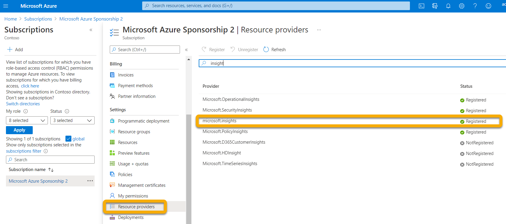 Image of resource providers in Microsoft Azure.