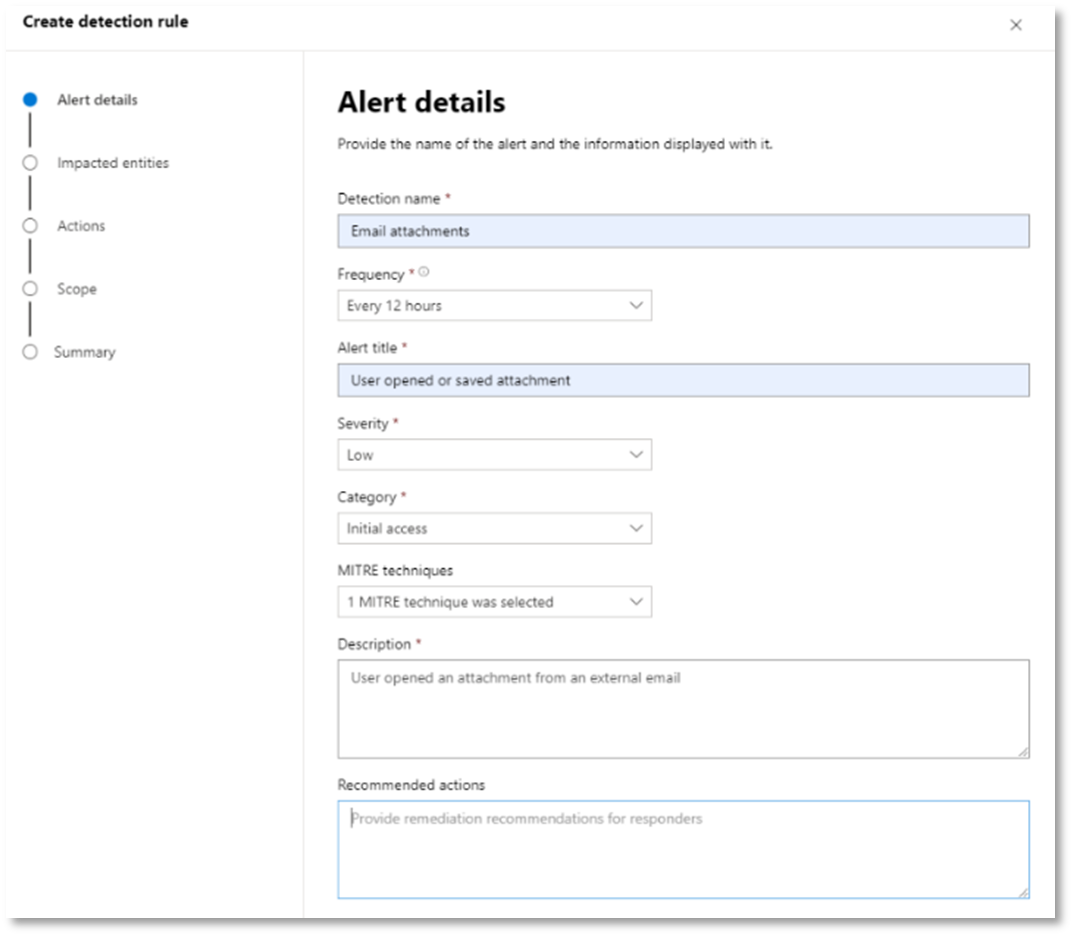Example of the create detection rule page where you can define the alert details.