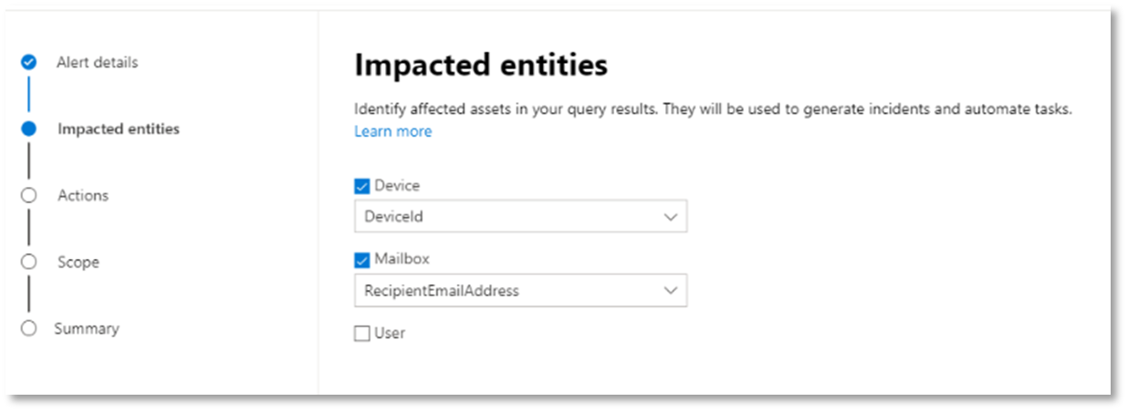 Example of the create detection rule page where you can choose the parameters of the impacted entities.