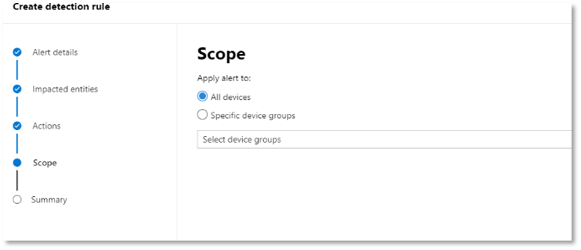 Example of the create detection rule page where you can set the scope for the alert rule manages your expectations for the results that you'll see.