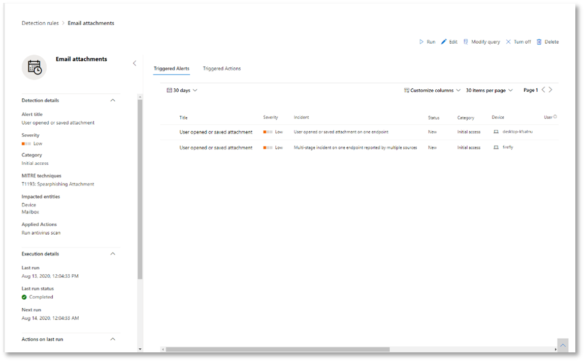 Example of the email attachments page where you can see the status of the rule execution, triggered alerts and actions, edit the detection, and so on.