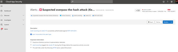 Example of a Suspected overpass-the-hash attack alert.