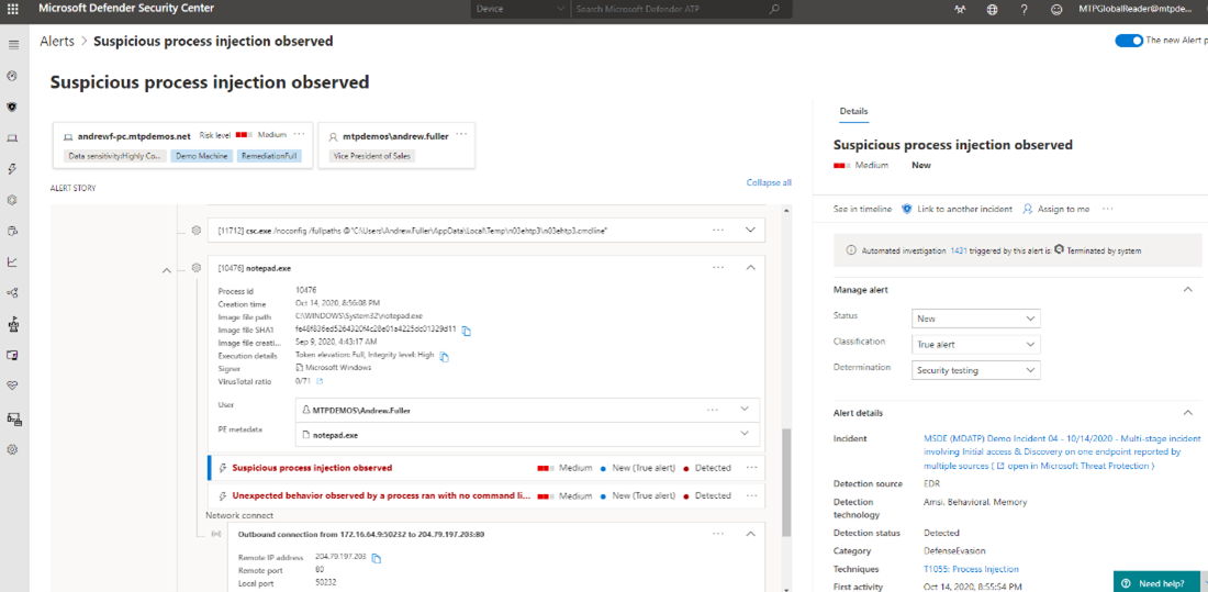 Example of process details in Defender for Endpoint.