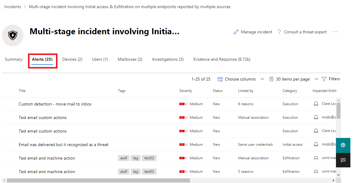 Example of an Alerts page for an incident.