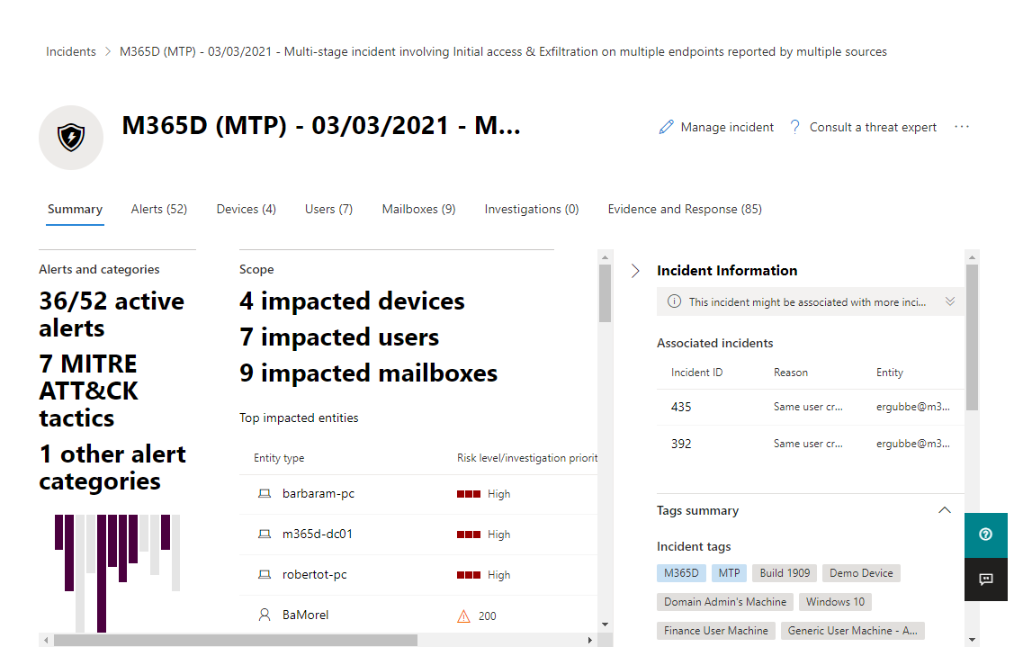 Example of the Summary page for an incident in the Microsoft 365 Defender portal
