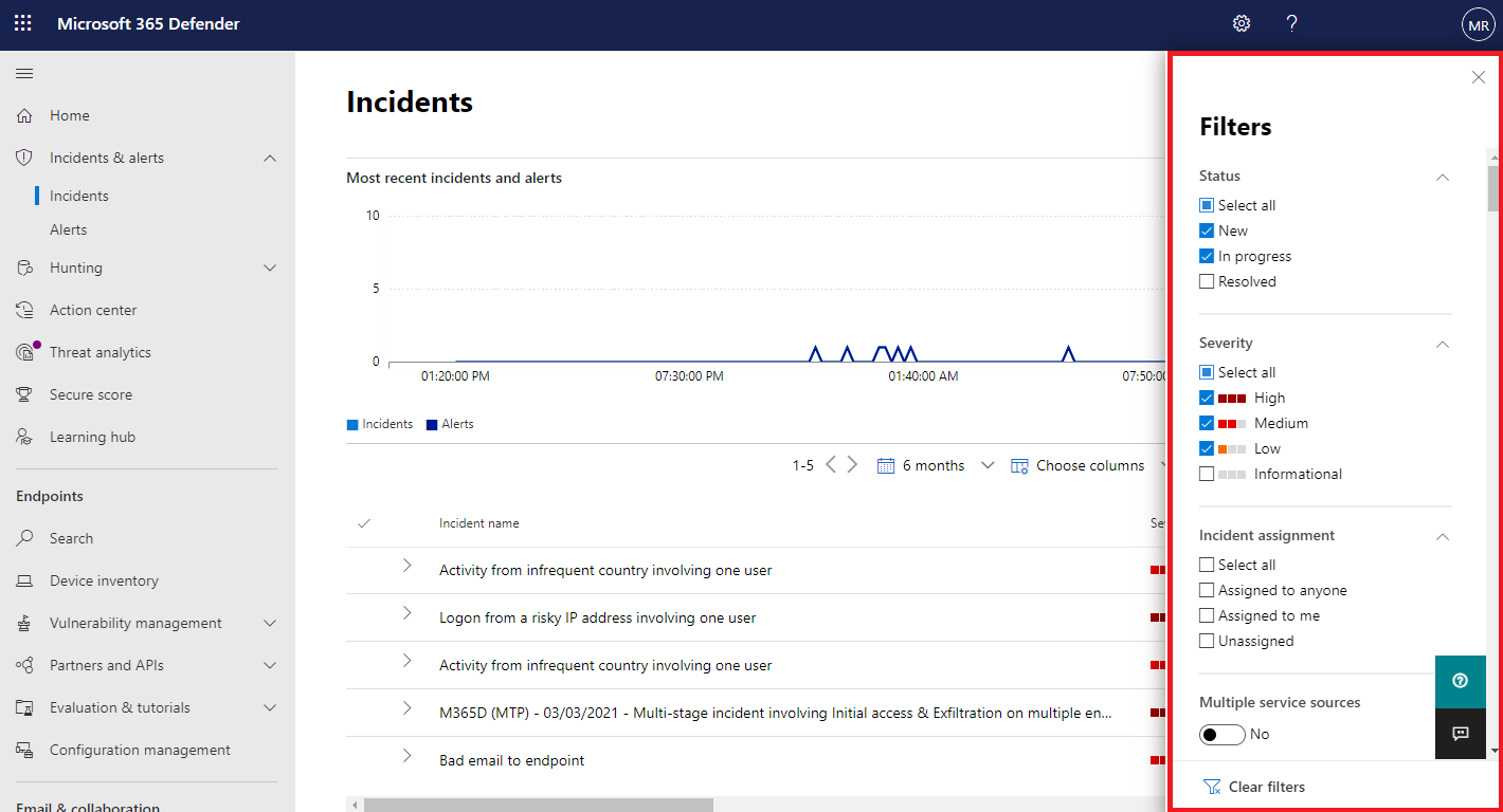 Example of the filters pane for the incident queue.