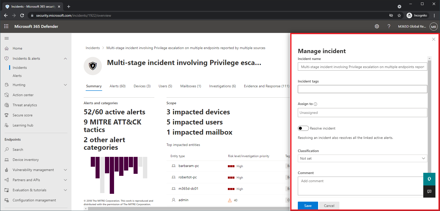 Example of the Manage incident pane of an incident.
