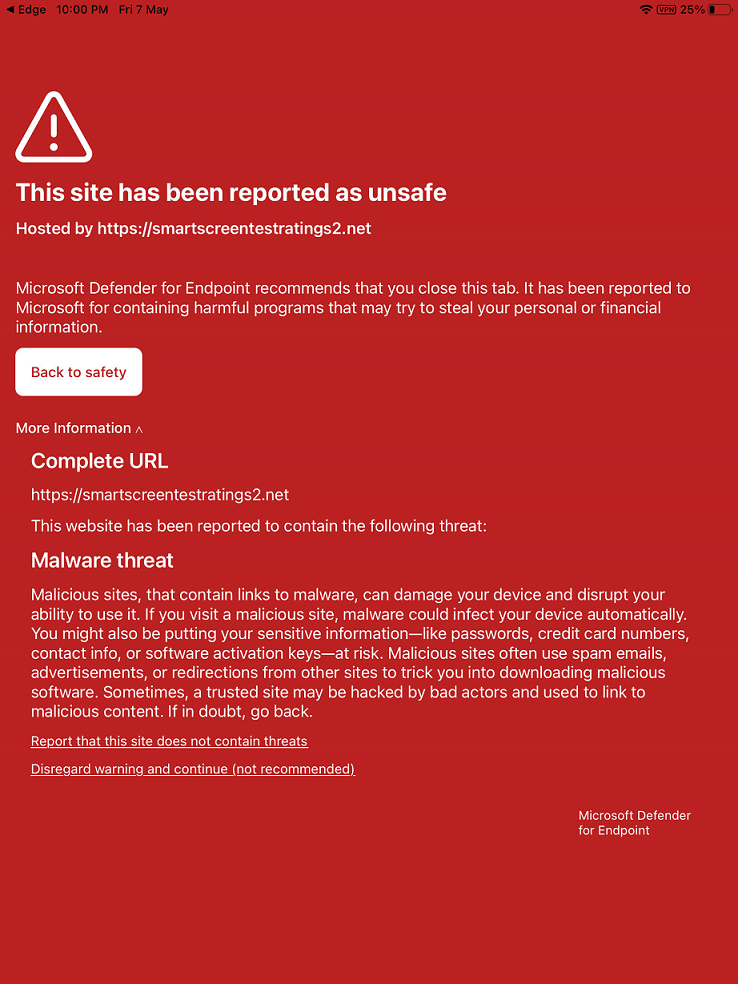 Image of site reported as unsafe notification.