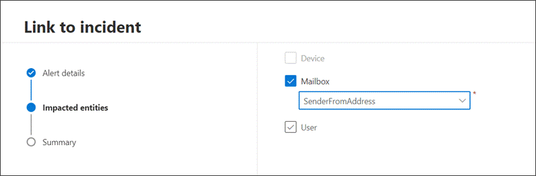 An example of an impacted entity in the **Link to incident** section in the Microsoft 365 Defender portal