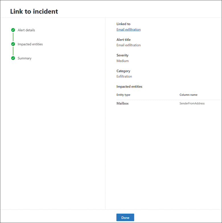 An example of the results page in the **Link to incident** section in the Microsoft 365 Defender portal