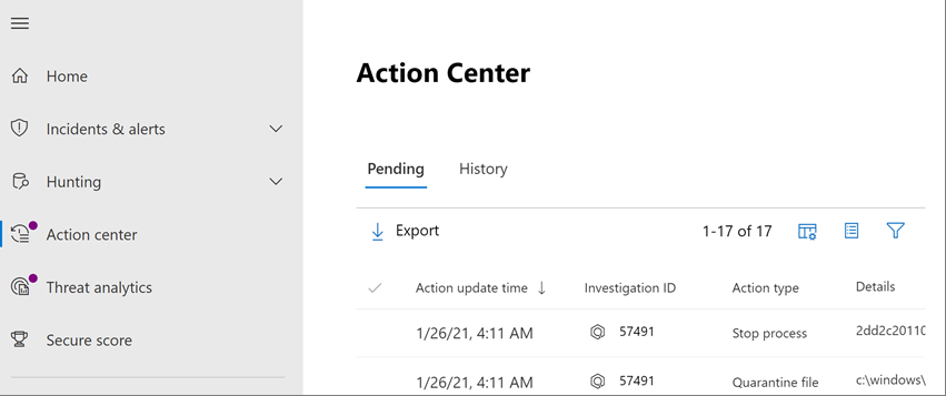 The unified Action center in Microsoft 365 Defender portal.