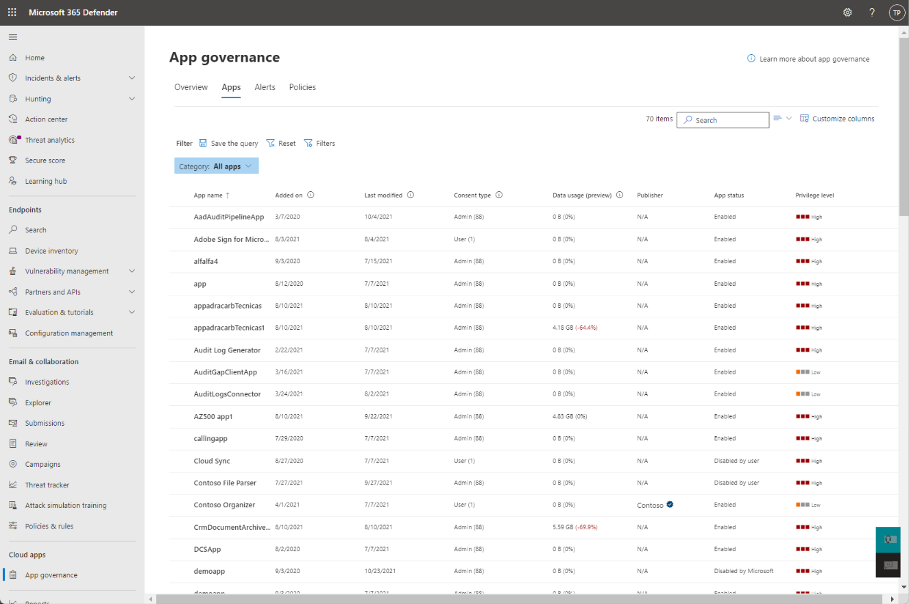 The app governance app summary page in Microsoft 365 Defender.