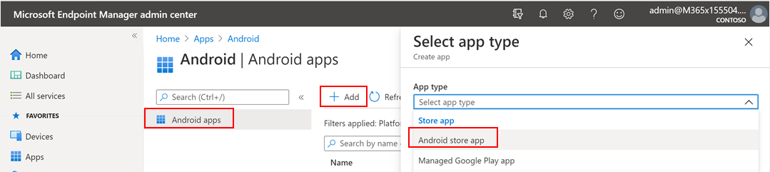 Image of Microsoft Endpoint Manager Admin Center add android store application.