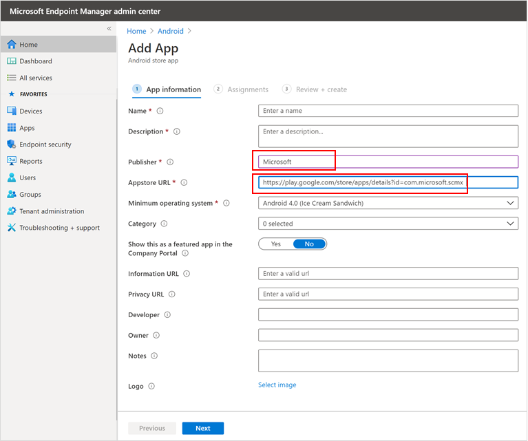 Image of Microsoft Endpoint Manager Admin Center add app info.