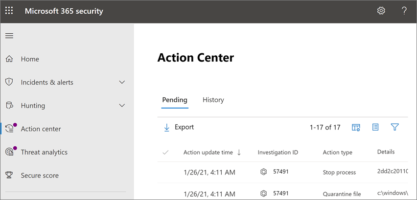 Action center in the Microsoft 365 Defender portal.