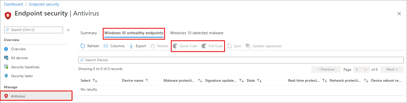 Scan options on the Windows 10 unhealthy endpoints tab.
