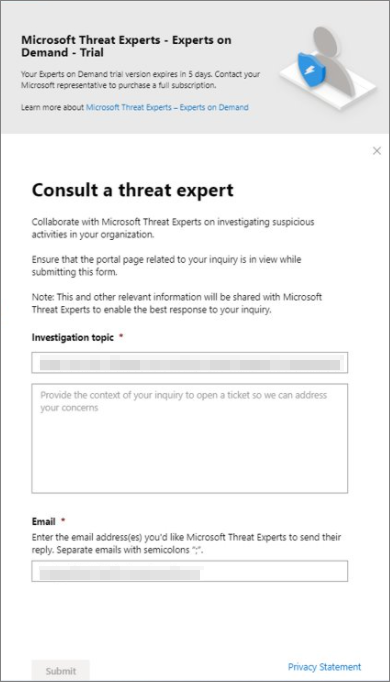 Image of Microsoft Threat Experts Experts on Demand trial subscription screen.